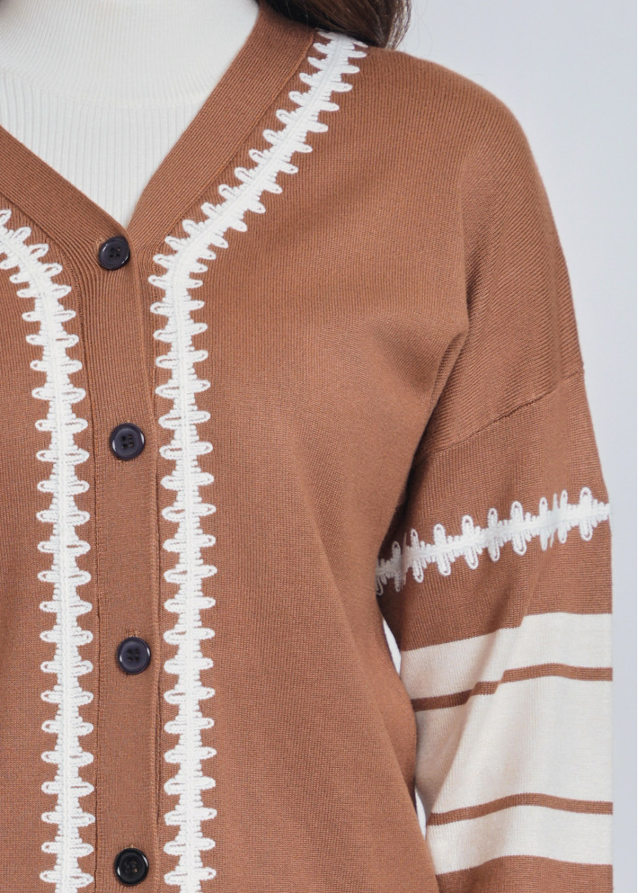 Buttoned Camel Cardigan with White Patterns Modest Women Clothing